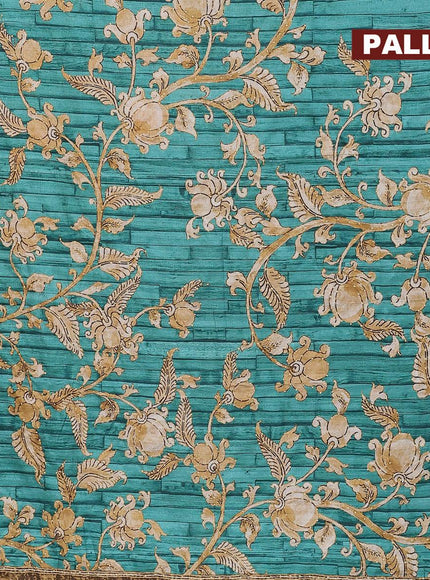 Semi tussar saree teal blue with kalamkari prints & french knot work and printed border - {{ collection.title }} by Prashanti Sarees