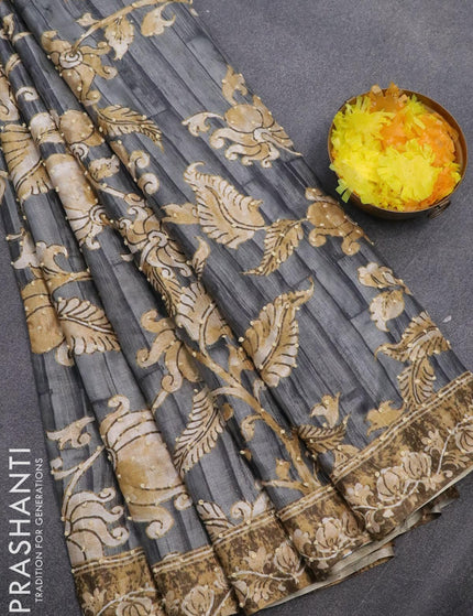 Semi tussar saree grey with kalamkari prints & french knot work and printed border - {{ collection.title }} by Prashanti Sarees