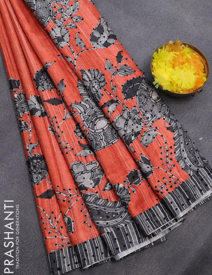 Semi tussar saree orange and grey with kalamkari prints & french knot work and simple border - {{ collection.title }} by Prashanti Sarees