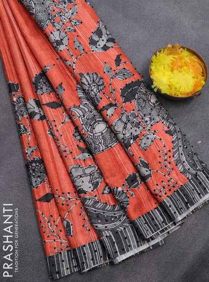 Semi tussar saree orange and grey with kalamkari prints & french knot work and simple border - {{ collection.title }} by Prashanti Sarees