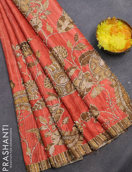 Semi tussar saree orange with kalamkari prints & french knot work and simple border - {{ collection.title }} by Prashanti Sarees