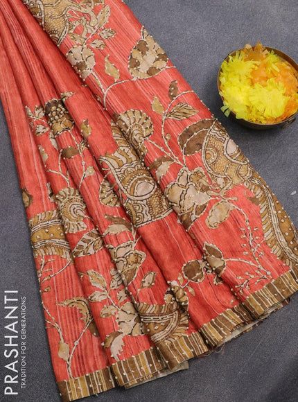 Semi tussar saree orange with kalamkari prints & french knot work and simple border - {{ collection.title }} by Prashanti Sarees