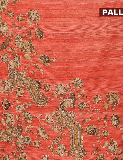 Semi tussar saree orange with kalamkari prints & french knot work and simple border - {{ collection.title }} by Prashanti Sarees