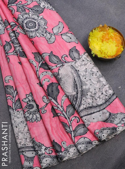 Semi tussar saree pink with kalamkari prints & french knot work and printed border - {{ collection.title }} by Prashanti Sarees