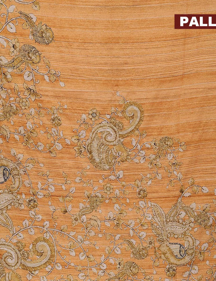 Semi tussar saree mustard yellow with kalamkari prints & french knot work and simple border - {{ collection.title }} by Prashanti Sarees