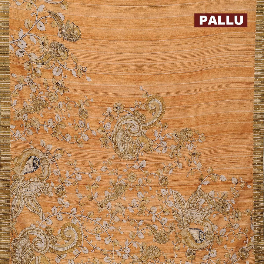 Semi tussar saree mustard yellow with kalamkari prints & french knot work and simple border - {{ collection.title }} by Prashanti Sarees