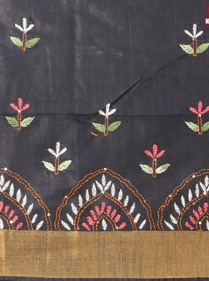 Semi tussar saree black with allover stripes pattern and seperate embroidery work blouse - {{ collection.title }} by Prashanti Sarees