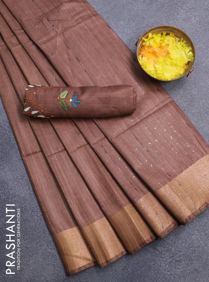 Semi tussar saree brown with allover stripes pattern and seperate embroidery work blouse - {{ collection.title }} by Prashanti Sarees