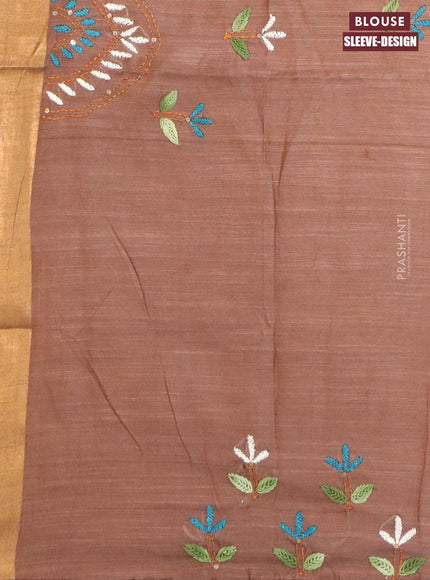 Semi tussar saree brown with allover stripes pattern and seperate embroidery work blouse - {{ collection.title }} by Prashanti Sarees