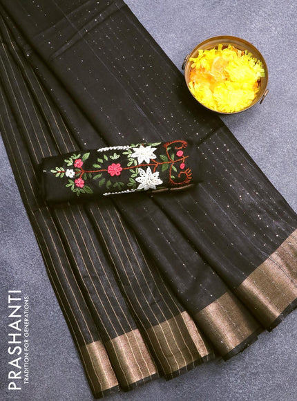 Semi tussar saree black with allover stripes pattern and seperate embroidery work blouse - {{ collection.title }} by Prashanti Sarees