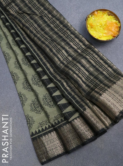 Semi chanderi saree pastel green and black with allover prints & zari checked pattern and zari woven border - {{ collection.title }} by Prashanti Sarees