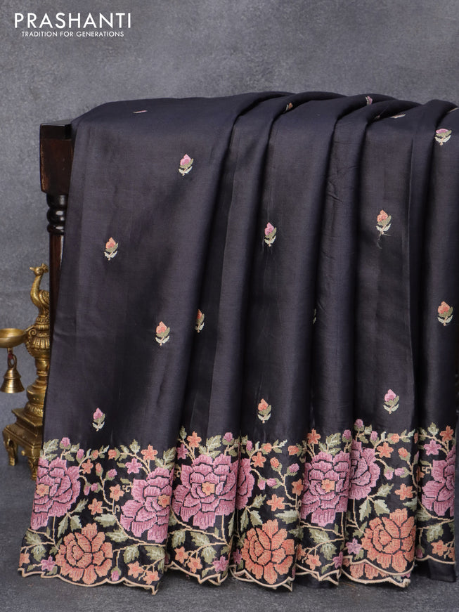 Pure tussar silk saree black with allover embroidery work buttas and floral design embroidery work border