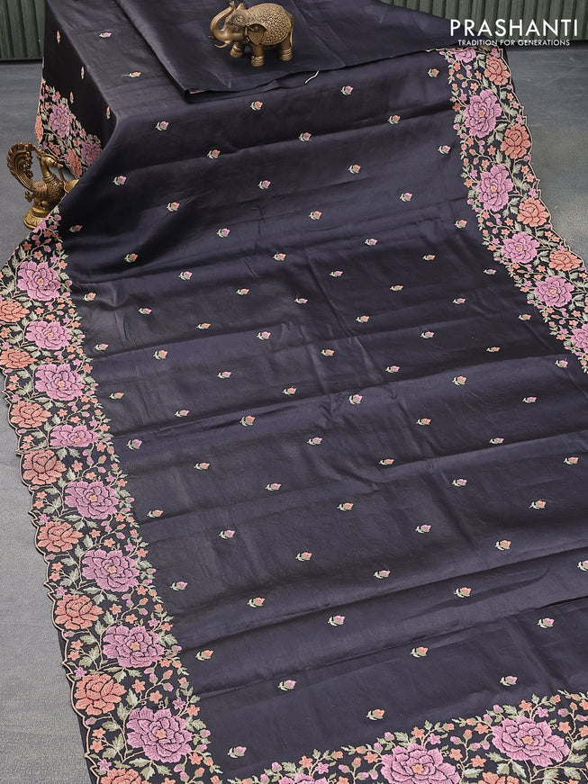 Pure tussar silk saree black with allover embroidery work buttas and floral design embroidery work border