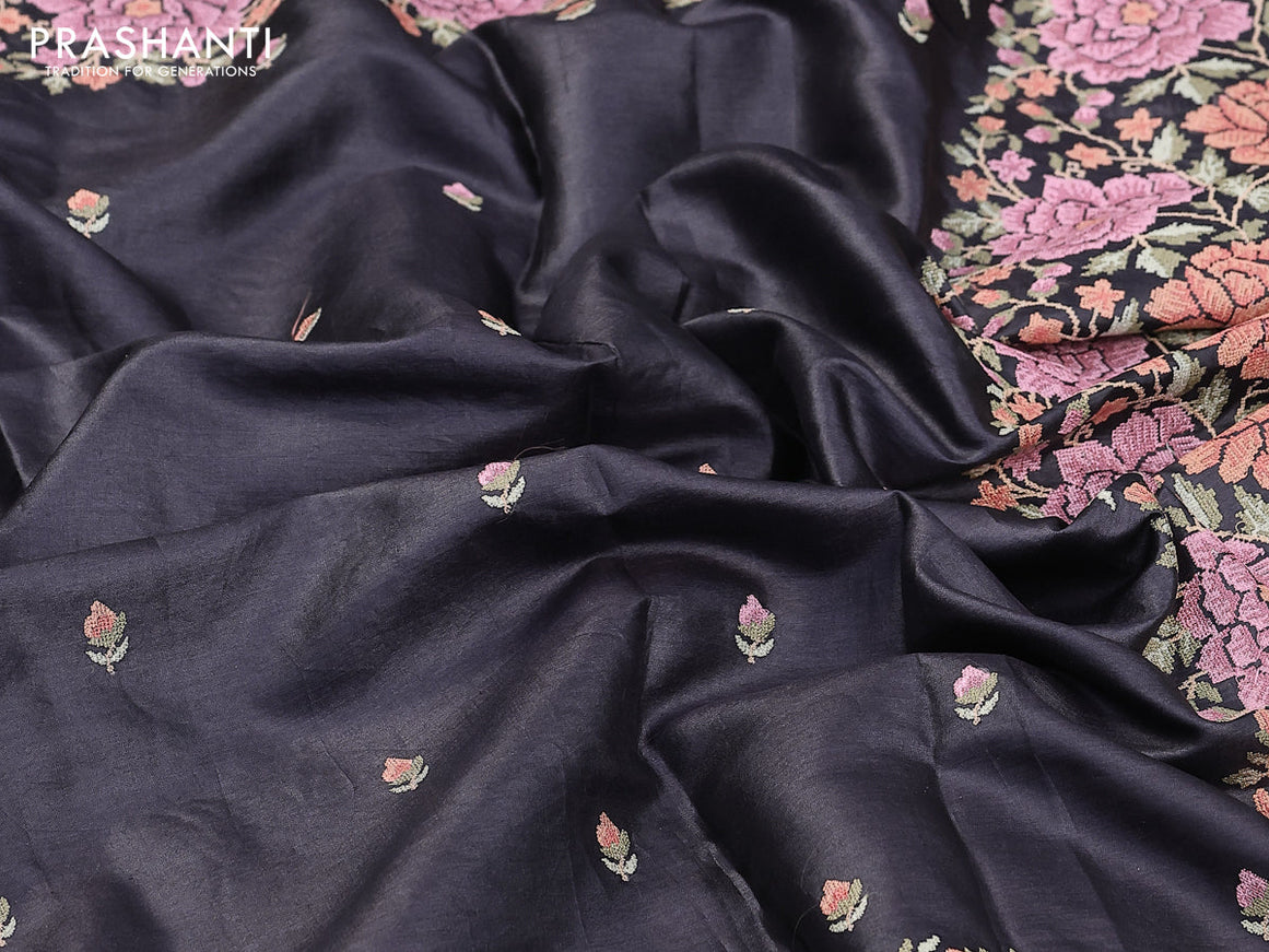 Pure tussar silk saree black with allover embroidery work buttas and floral design embroidery work border