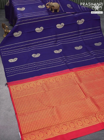 Pure kanjivaram silk saree blue and red with zari weaves & paisley buttas in borderless syle