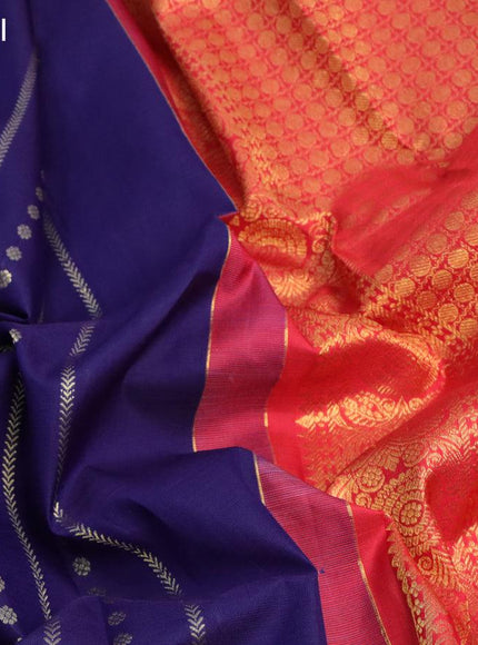 Pure kanjivaram silk saree blue and red with zari weaves & paisley buttas in borderless syle