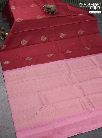 Pure kanjivaram silk saree red and light pink with copper zari woven buttas in borderless syle