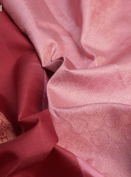 Pure kanjivaram silk saree red and light pink with copper zari woven buttas in borderless syle