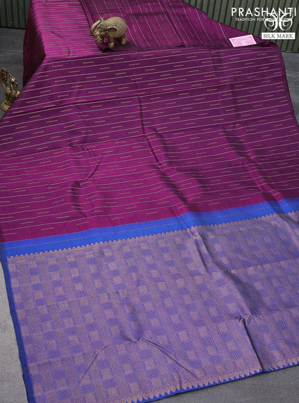 Pure kanjivaram silk saree purple and blue with allover zari weaves in borderless style