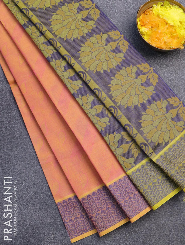 Coimbatore cotton saree dual shade of pinkish yellow and blue with allover self emboss and thread woven border - {{ collection.title }} by Prashanti Sarees