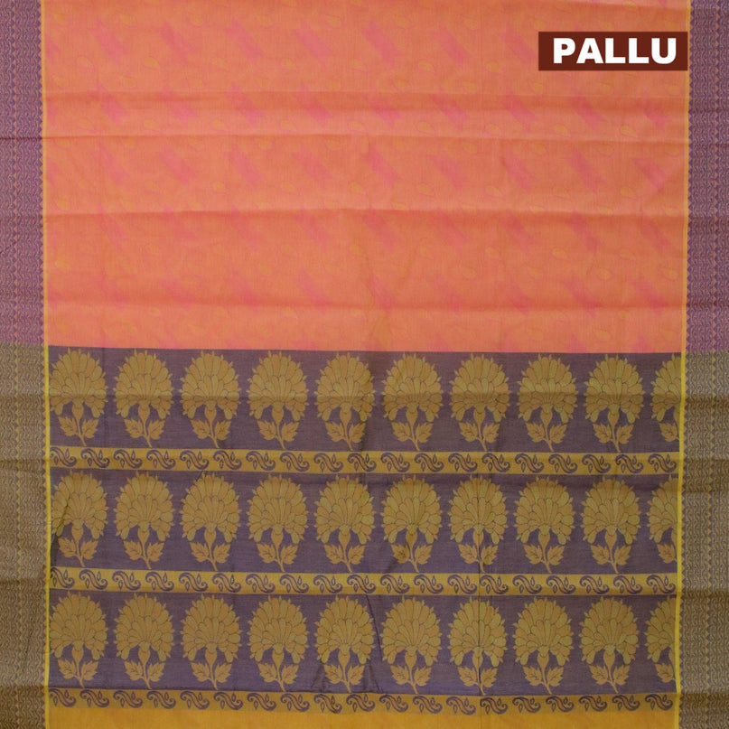 Coimbatore cotton saree dual shade of pinkish yellow and blue with allover self emboss and thread woven border - {{ collection.title }} by Prashanti Sarees