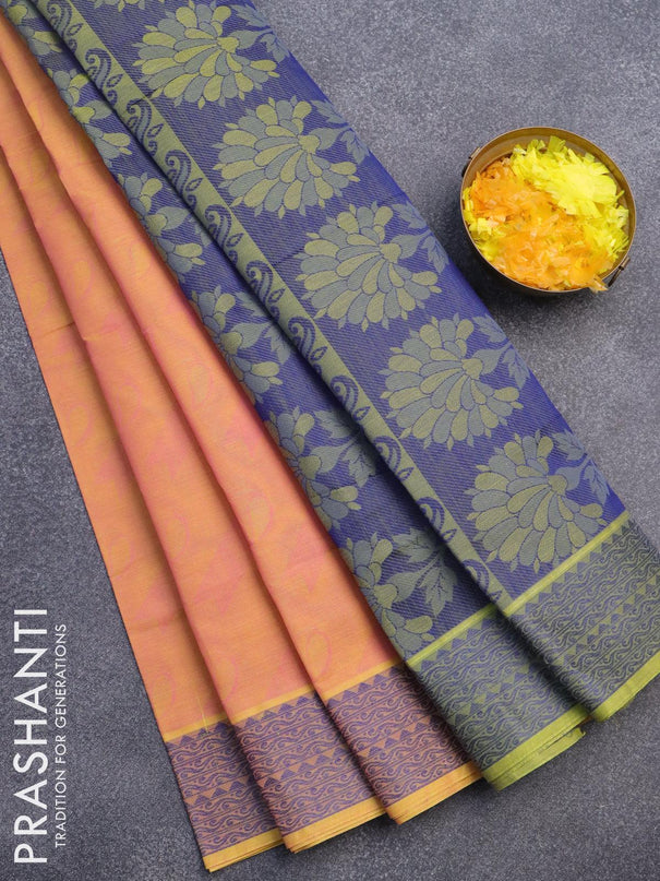 Coimbatore cotton saree dual shade of yellowish pink and blue with allover self emboss and thread woven border - {{ collection.title }} by Prashanti Sarees