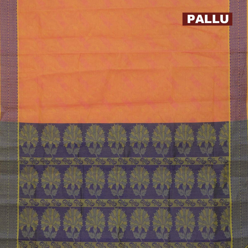 Coimbatore cotton saree dual shade of yellowish pink and blue with allover self emboss and thread woven border - {{ collection.title }} by Prashanti Sarees