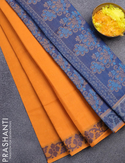 Coimbatore cotton saree mango yellow and blue with allover self emboss and thread woven border - {{ collection.title }} by Prashanti Sarees