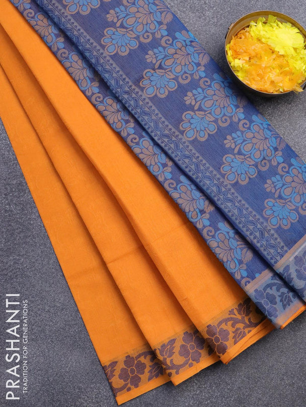 Coimbatore cotton saree mango yellow and blue with allover self emboss and thread woven border - {{ collection.title }} by Prashanti Sarees