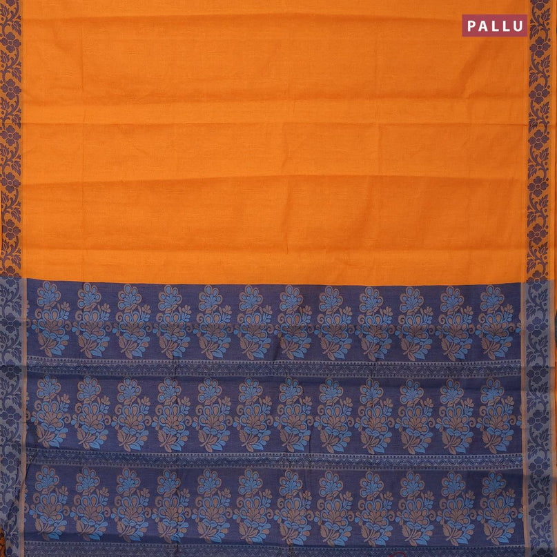 Coimbatore cotton saree mango yellow and blue with allover self emboss and thread woven border - {{ collection.title }} by Prashanti Sarees