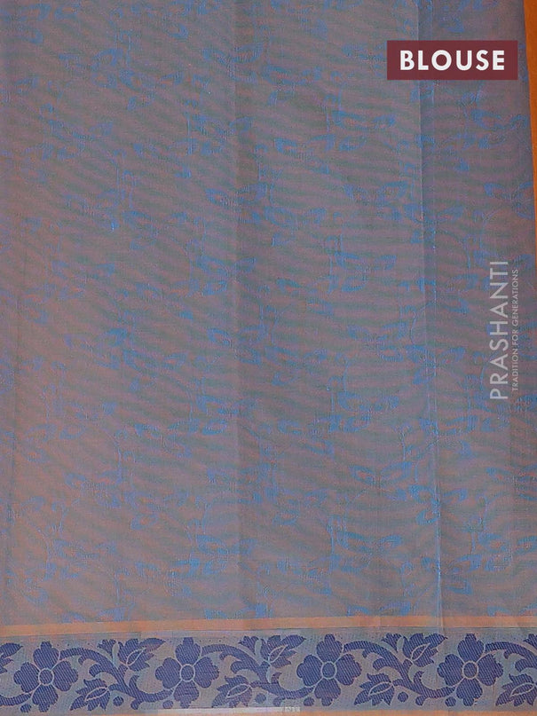 Coimbatore cotton saree mango yellow and blue with allover self emboss and thread woven border - {{ collection.title }} by Prashanti Sarees