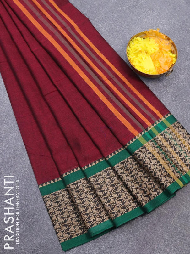 Narayanpet cotton saree maroon and green with plain body and thread woven border - {{ collection.title }} by Prashanti Sarees