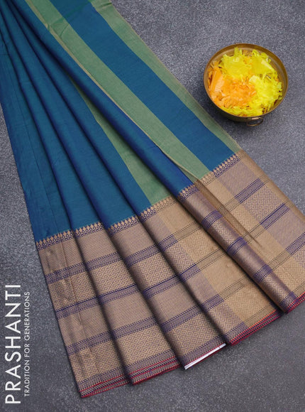 Narayanpet cotton saree dual shade of bluish green with plain body and long thread woven border - {{ collection.title }} by Prashanti Sarees