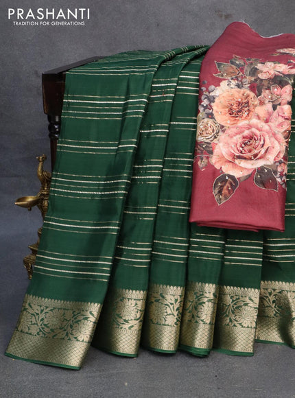 Dola silk saree green and maroon with allover zari woven stripes pattern and rich zari woven border - {{ collection.title }} by Prashanti Sarees