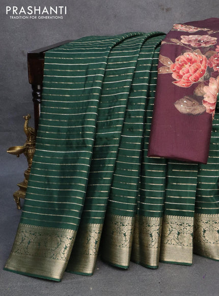 Dola silk saree green and deep wine shade with allover zari woven stripes pattern and rich zari woven border - {{ collection.title }} by Prashanti Sarees