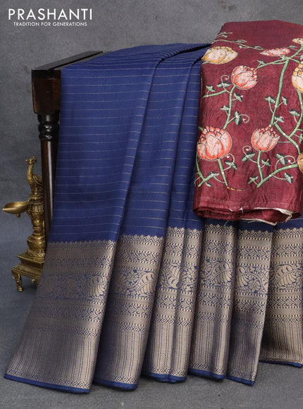 Dola silk saree blue and deep maroon with allover zari woven stripes pattern and rich zari woven border - {{ collection.title }} by Prashanti Sarees