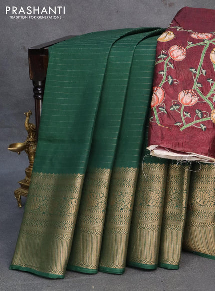 Dola silk saree green and deep maroon with allover zari woven stripes pattern and rich zari woven border - {{ collection.title }} by Prashanti Sarees