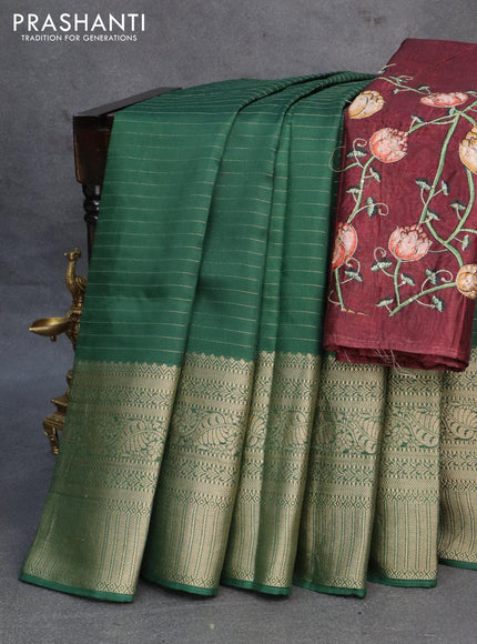 Dola silk saree green and deep maroon with allover zari woven stripes pattern and rich zari woven border - {{ collection.title }} by Prashanti Sarees