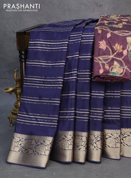 Dola silk saree blue and deep wine shade with allover zari woven stripes pattern and rich zari woven border - {{ collection.title }} by Prashanti Sarees