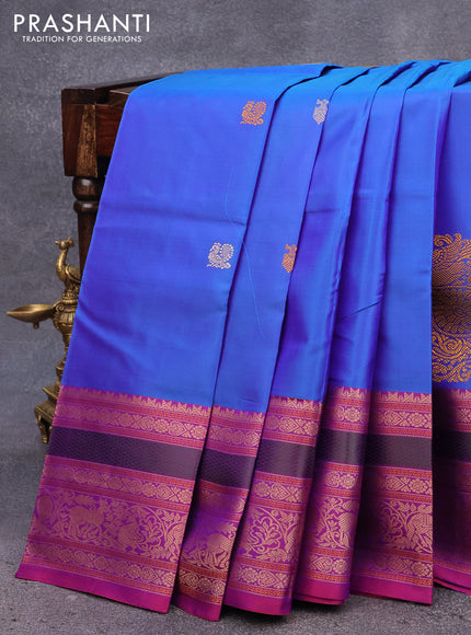 Pure kanjivaram silk saree dual shade of blue and dual shade of purple with thread woven buttas and long thread woven border