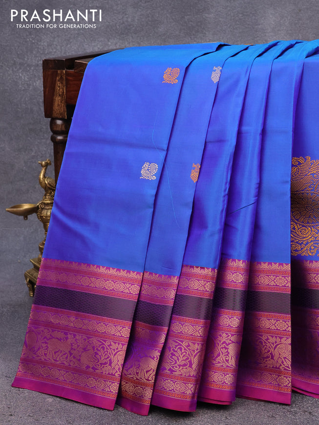 Pure kanjivaram silk saree dual shade of blue and dual shade of purple with thread woven buttas and long thread woven border