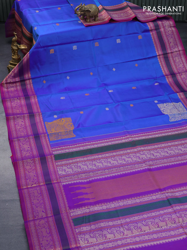 Pure kanjivaram silk saree dual shade of blue and dual shade of purple with thread woven buttas and long thread woven border