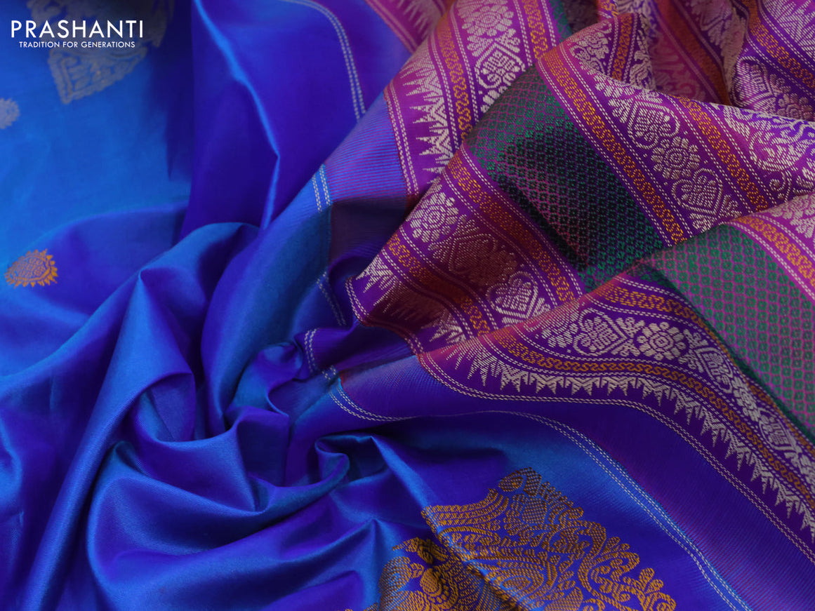 Pure kanjivaram silk saree dual shade of blue and dual shade of purple with thread woven buttas and long thread woven border