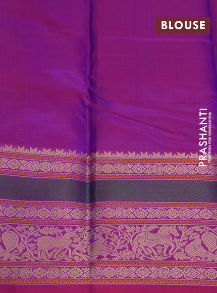 Pure kanjivaram silk saree dual shade of blue and dual shade of purple with thread woven buttas and long thread woven border