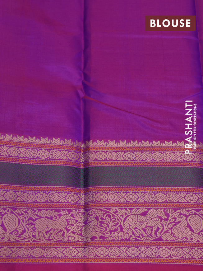 Pure kanjivaram silk saree dual shade of blue and dual shade of purple with thread woven buttas and long thread woven border