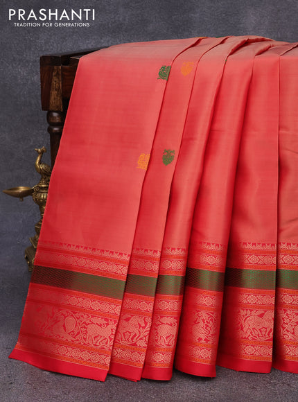 Pure kanjivaram silk saree dual shade of rustic red and red with thread woven buttas and long thread woven border