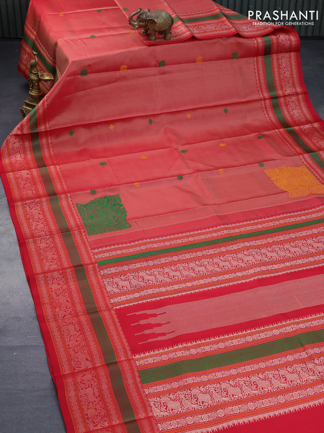 Pure kanjivaram silk saree dual shade of rustic red and red with thread woven buttas and long thread woven border