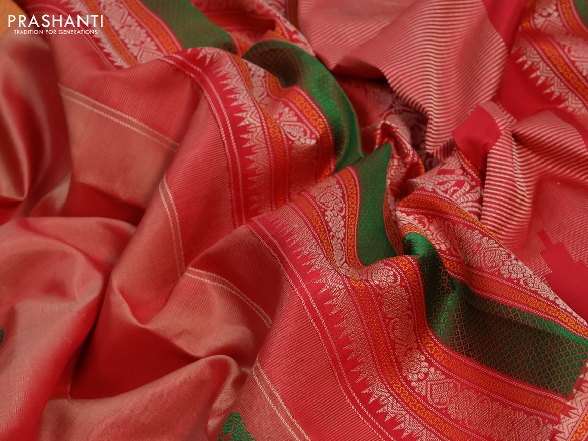 Pure kanjivaram silk saree dual shade of rustic red and red with thread woven buttas and long thread woven border