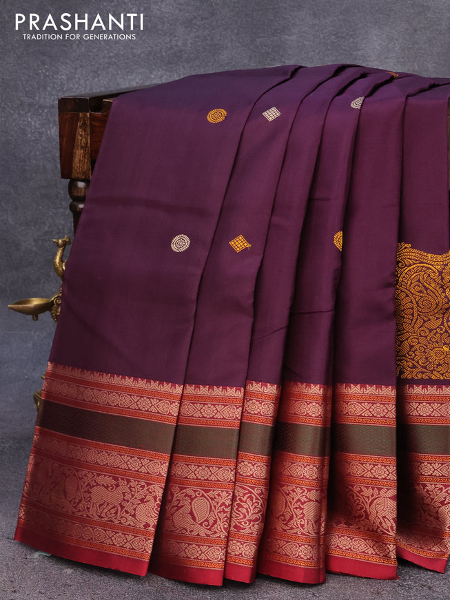 Pure kanjivaram silk saree deep jamun shade and maroon with thread woven buttas and long thread woven border