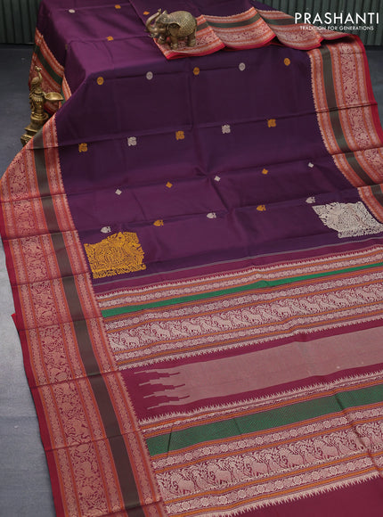 Pure kanjivaram silk saree deep jamun shade and maroon with thread woven buttas and long thread woven border